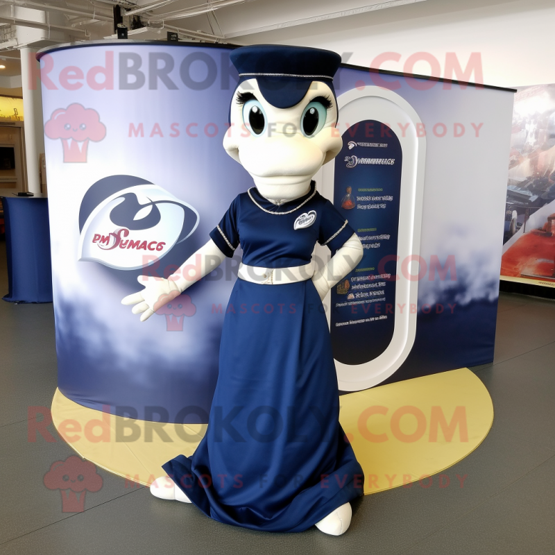 Navy Snake mascot costume character dressed with a Maxi Skirt and Shoe clips Navy Snake mascot costume character dressed with a Maxi Skirt and Shoe clips