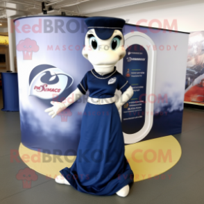 Navy Snake mascot costume character dressed with a Maxi Skirt and Shoe clips