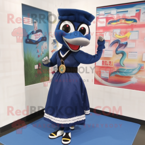 Navy Snake mascot costume character dressed with a Maxi Skirt and Shoe clips