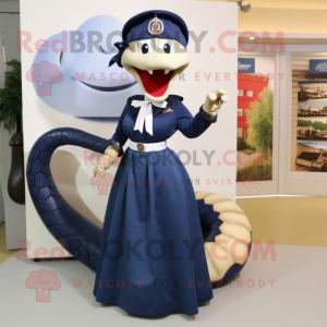 Navy Snake mascot costume character dressed with a Maxi Skirt and Shoe clips