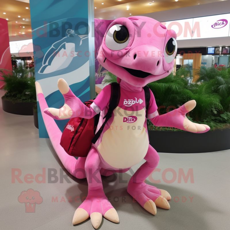 Pink Dimorphodon mascot costume character dressed with a Midi Dress and Backpacks Pink Dimorphodon mascot costume character dressed with a Midi Dress and Backpacks