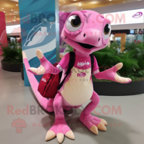 Pink Dimorphodon mascot costume character dressed with a Midi Dress and Backpacks