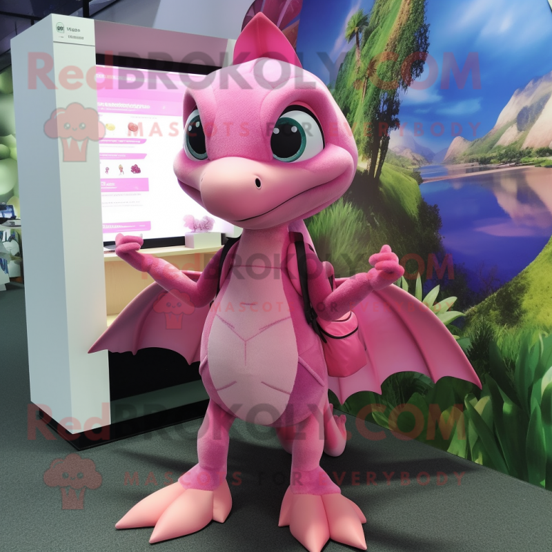 Pink Dimorphodon mascot costume character dressed with a Midi Dress and Backpacks