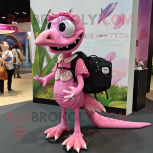 Pink Dimorphodon mascot costume character dressed with a Midi Dress and Backpacks