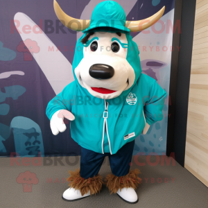 Turquoise Beef Wellington mascot costume character dressed with a Windbreaker and Brooches