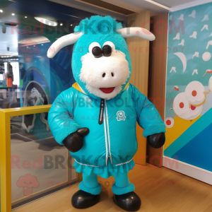 Turquoise Beef Wellington mascot costume character dressed with a Windbreaker and Brooches