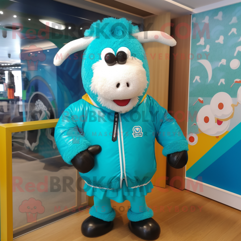 Turquoise Beef Wellington mascot costume character dressed with a Windbreaker and Brooches
