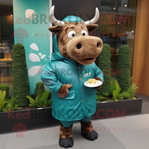 Turquoise Beef Wellington mascot costume character dressed with a Windbreaker and Brooches