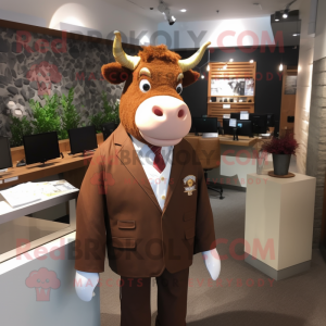 Brown Hereford Cow mascot costume character dressed with a Blazer and Earrings