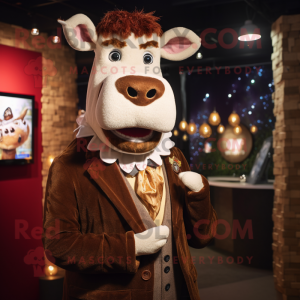 Brown Hereford Cow mascot costume character dressed with a Blazer and Earrings