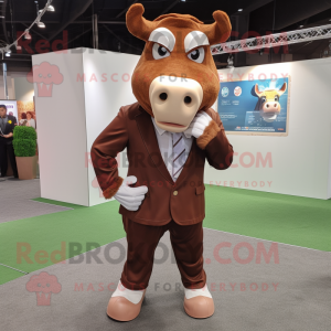 Brown Hereford Cow mascot costume character dressed with a Blazer and Earrings