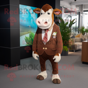 Brown Hereford Cow mascot costume character dressed with a Blazer and Earrings