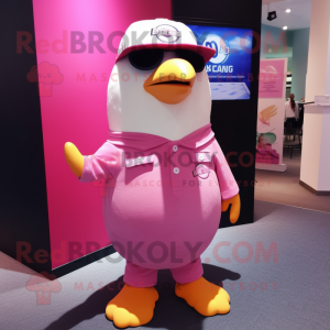 Pink Penguin mascot costume character dressed with a Polo Tee and Cufflinks