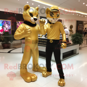 Gold Panther mascot costume character dressed with a Jeggings and Watches
