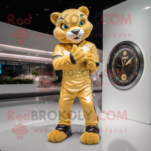 Gold Panther mascot costume character dressed with a Jeggings and Watches
