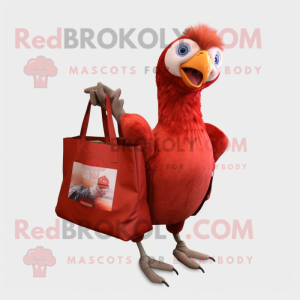Red Guinea Fowl mascot costume character dressed with a Skinny Jeans and Tote bags