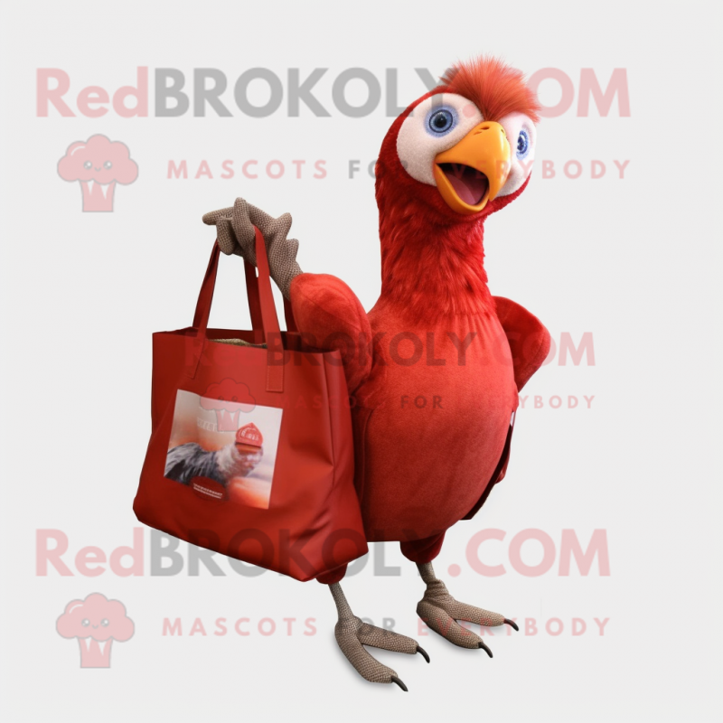 Red Guinea Fowl mascot costume character dressed with a Skinny Jeans and Tote bags Red Guinea Fowl mascot costume character dressed with a Skinny Jeans and Tote bags