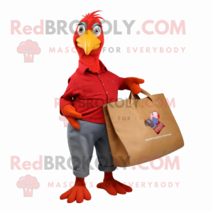 Red Guinea Fowl mascot costume character dressed with a Skinny Jeans and Tote bags