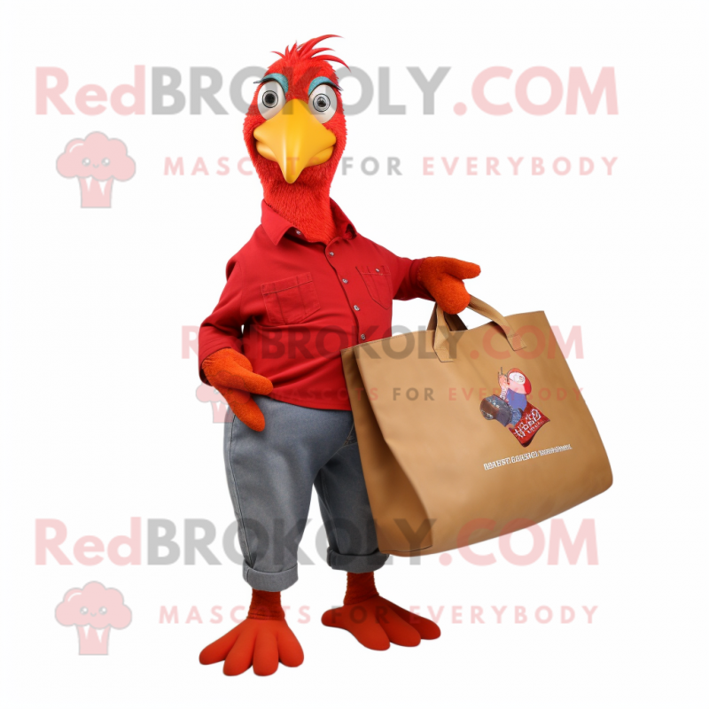 Red Guinea Fowl mascot costume character dressed with a Skinny Jeans and Tote bags Red Guinea Fowl mascot costume character dressed with a Skinny Jeans and Tote bags