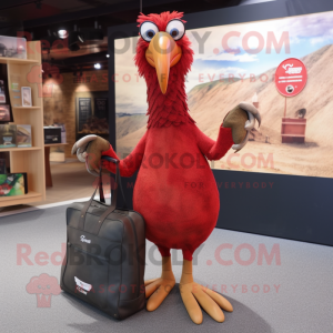 Red Guinea Fowl mascot costume character dressed with a Skinny Jeans and Tote bags
