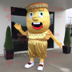 Gold Hamburger mascot costume character dressed with a Capri Pants and Belts