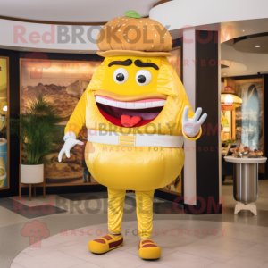 Gold Hamburger mascot costume character dressed with a Capri Pants and Belts