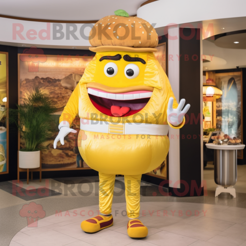 Gold Hamburger mascot costume character dressed with a Capri Pants and Belts Gold Hamburger mascot costume character dressed with a Capri Pants and Belts