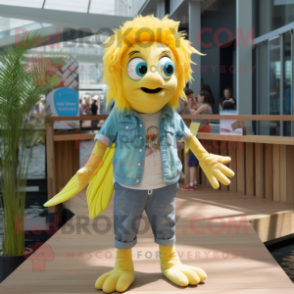 Yellow Betta Fish mascot costume character dressed with a Chambray Shirt and Foot pads