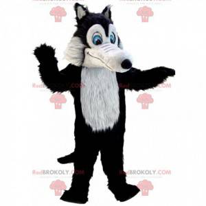 Mascot lobo negro y gris todo peludo con ojos azules -