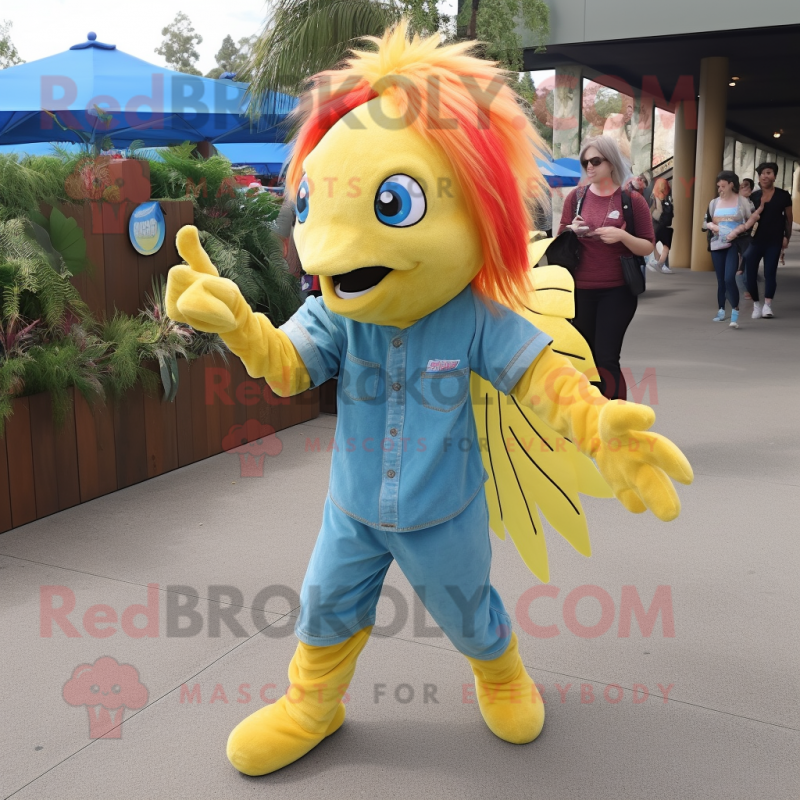 Yellow Betta Fish mascot costume character dressed with a Chambray Shirt and Foot pads