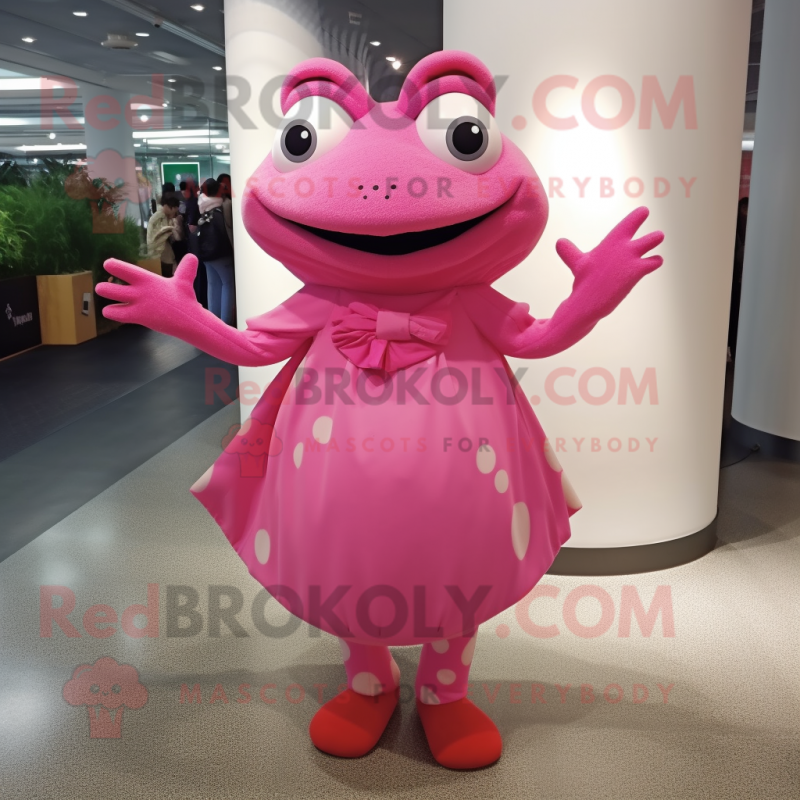 Pink Frog mascot costume character dressed with a Mini Dress and Cufflinks Pink Frog mascot costume character dressed with a Mini Dress and Cufflinks
