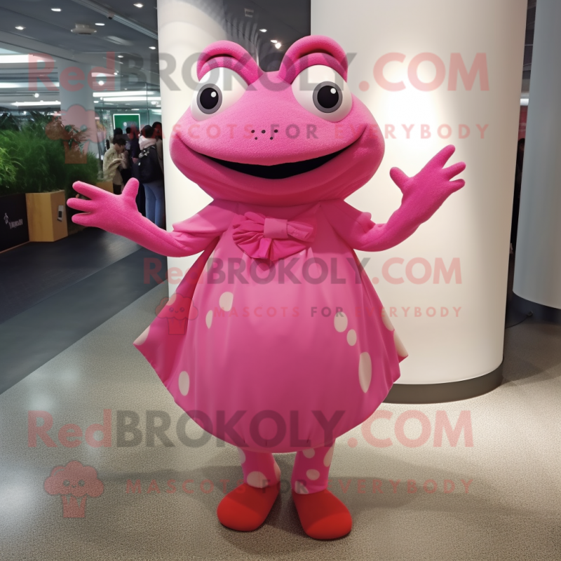 Pink Frog mascot costume character dressed with a Mini Dress and Cufflinks