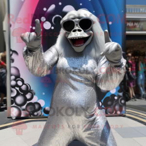 Silver Gorilla mascot costume character dressed with a Midi Dress and Sunglasses