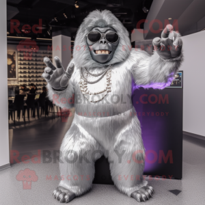 Silver Gorilla mascot costume character dressed with a Midi Dress and Sunglasses