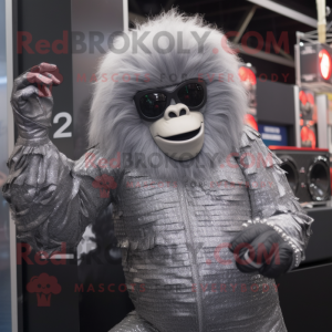 Silver Gorilla mascot costume character dressed with a Midi Dress and Sunglasses