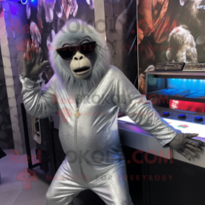 Silver Gorilla mascot costume character dressed with a Midi Dress and Sunglasses