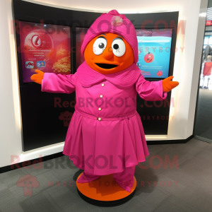 Magenta Mandarin mascot costume character dressed with a Poplin Shirt and Rings