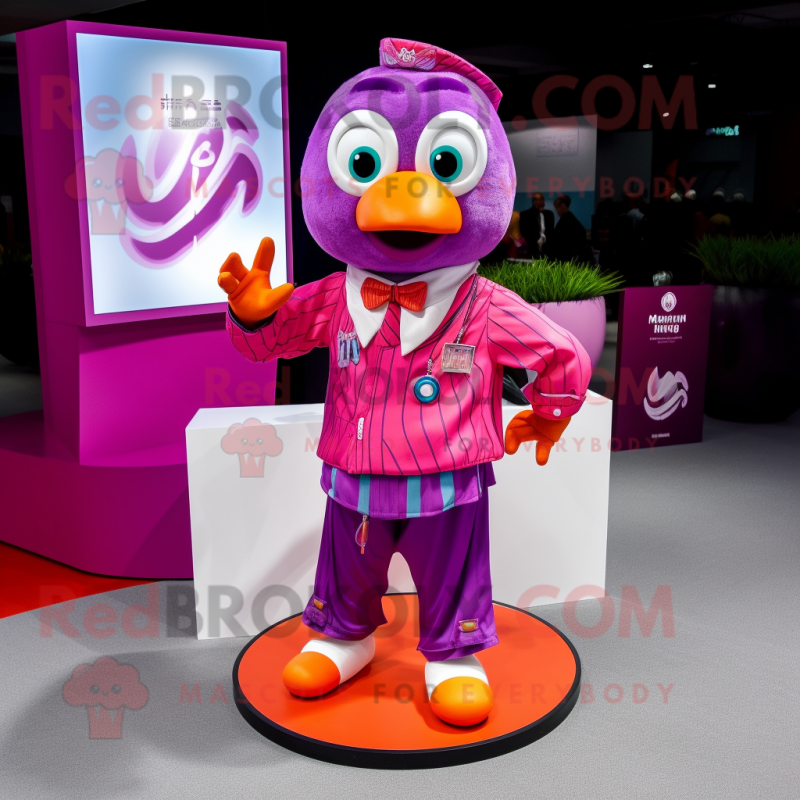 Magenta Mandarin mascot costume character dressed with a Poplin Shirt and Rings