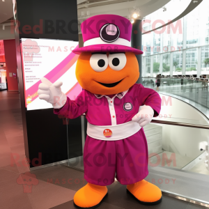 Magenta Mandarin mascot costume character dressed with a Poplin Shirt and Rings
