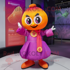 Magenta Mandarin mascot costume character dressed with a Poplin Shirt and Rings