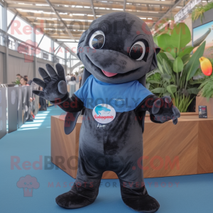 Black Dolphin mascot costume character dressed with a Denim Shorts and Gloves