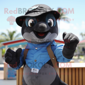 Black Dolphin mascot costume character dressed with a Denim Shorts and Gloves