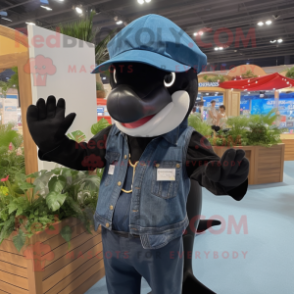 Black Dolphin mascot costume character dressed with a Denim Shorts and Gloves