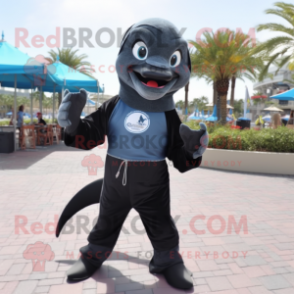 Black Dolphin mascot costume character dressed with a Denim Shorts and Gloves