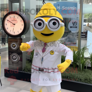 Lemon Yellow Doctor mascot costume character dressed with a Poplin Shirt and Bracelet watches