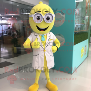 Lemon Yellow Doctor mascot costume character dressed with a Poplin Shirt and Bracelet watches