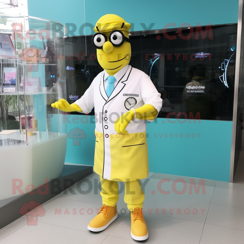 Lemon Yellow Doctor mascot costume character dressed with a Poplin Shirt and Bracelet watches Lemon Yellow Doctor mascot costume character dressed with a Poplin Shirt and Bracelet watches