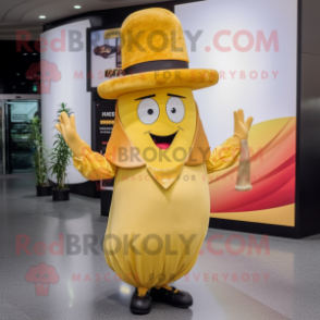 Gold Mango mascot costume character dressed with a Midi Dress and Hat pins