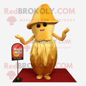 Gold Mango mascot costume character dressed with a Midi Dress and Hat pins