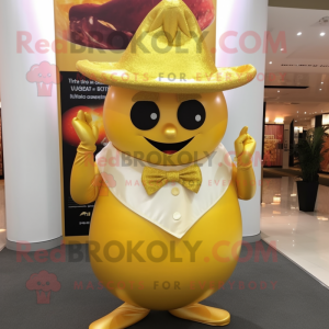Gold Mango mascot costume character dressed with a Midi Dress and Hat pins